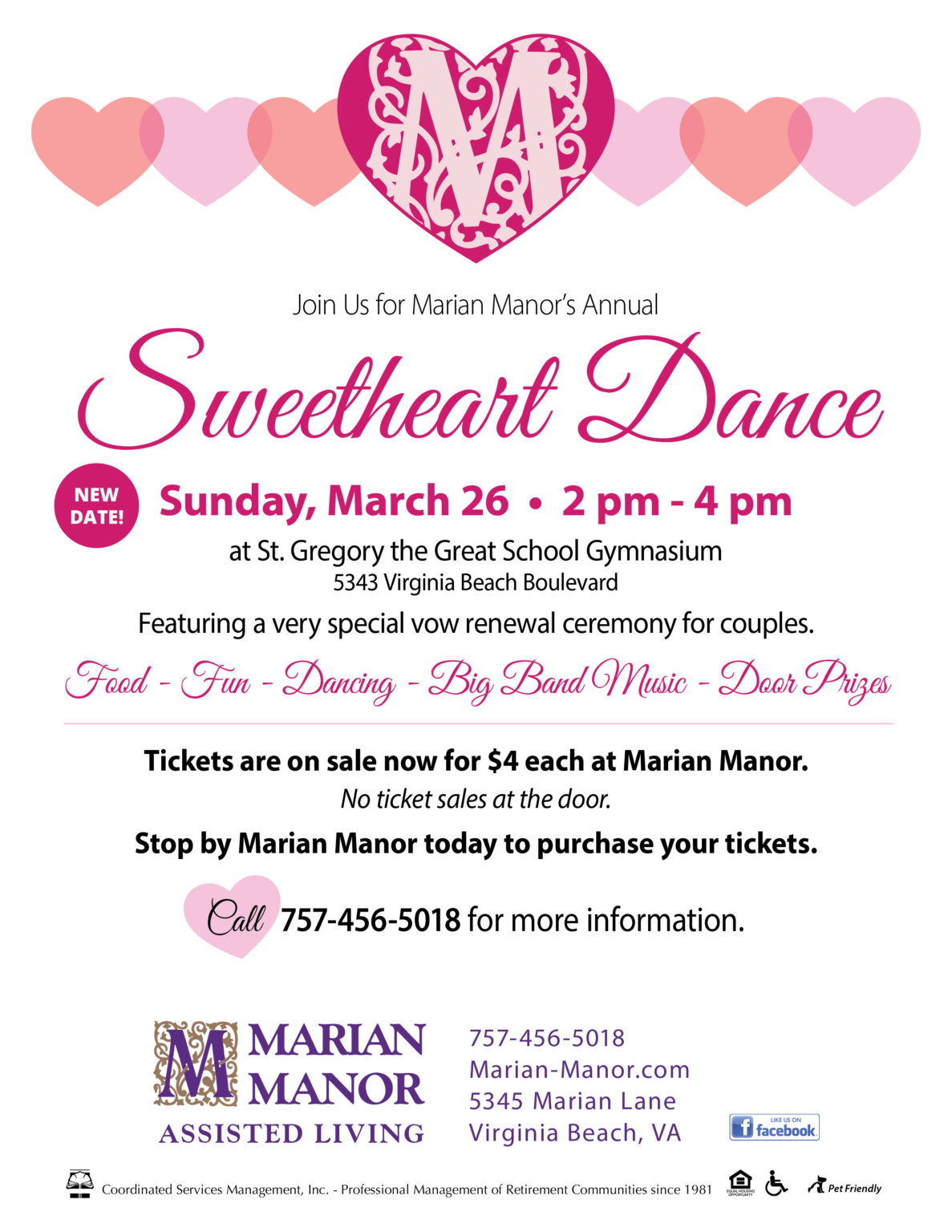 Sweetheart Dance -This Sunday, March 26th 2pm-4pm - Marian Manor